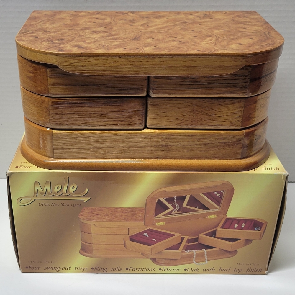 Vintage Mele Jewelry Box Swing Out Trays Mirror Faux Burl Wood